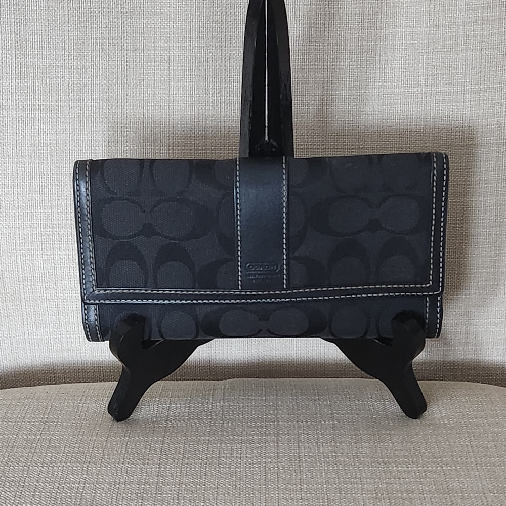 Coach Black Canvas Leather Tri-fold Signature Wallet